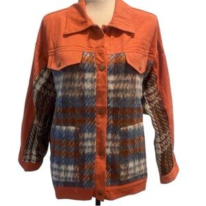 Umgee women’s denim plaid flannel jacket orange blue new size medium POL like